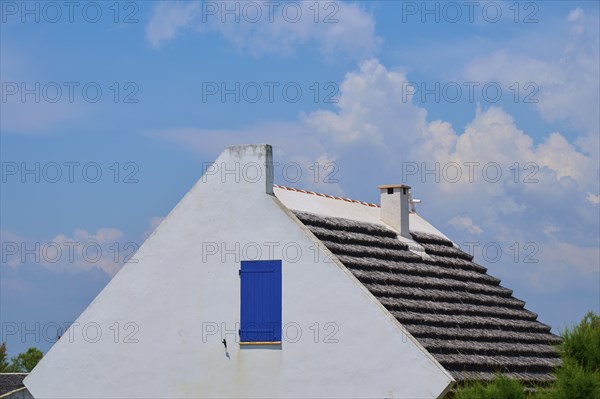 White cottage with thatched roof and round window under a blue sky, Saintes-Maries-de-la-Mer, Camargue, France, Europe