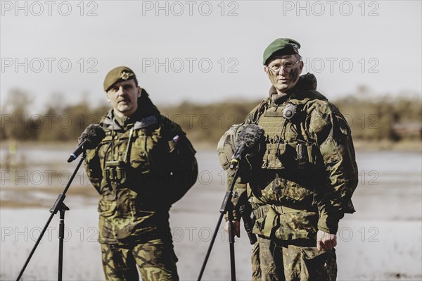 (L-R) Colonel Jiri Libal, Commander 4th Rapid Deployment Brigade, and Brigadier General Alexander Krone, Commander NATO Response Force Land Brigade, photographed during the military exercise 'Wettiner Schwert' with German and Czech soldiers near Tangermünde, 26 March 2024. 'Wettiner Schwert' is part of the NATO Quadriga exercise