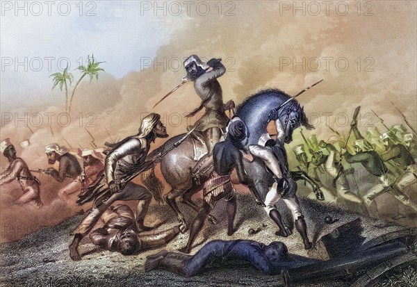 Havelock's column attacking the mutineers off Cawnpoor Major General Sir Henry Havelock 1795 to 1857 British General From the History of the Indian Mutiny, published 1858, India, Historical, digitally restored reproduction from a 19th century original, Record date not stated, Asia