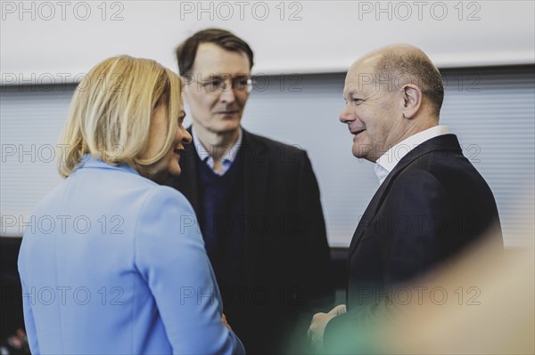 (L-R) Nancy Faeser (SPD), Federal Minister of the Interior and Home Affairs, Karl Lauterbach (SPD), Federal Minister of Health, and Olaf Scholz (SPD), Federal Chancellor, pictured in front of the parliamentary group meeting of the SPD parliamentary group in Berlin, 23 April 2024