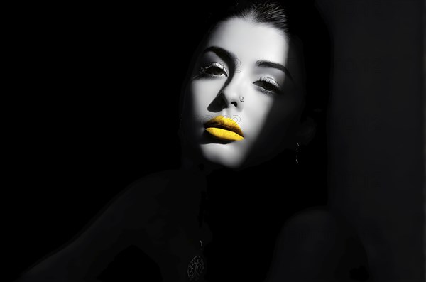 Black and white bodyscape capturing a young woman with yellow lips and eye shadow, AI generated