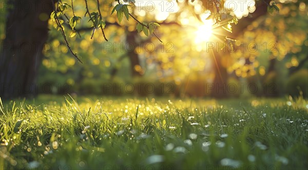 Green meadow with tree, leaves and grass in foreground. Sunset sun shining through tree branches, AI generated