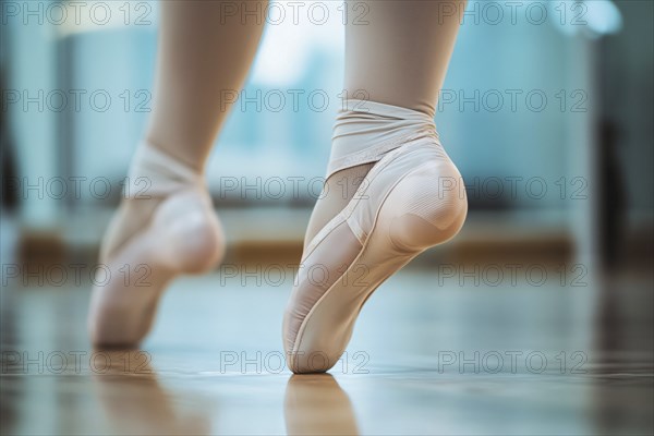 Ballerina's feet in ballet shoes at practice. Generative Ai, AI generated