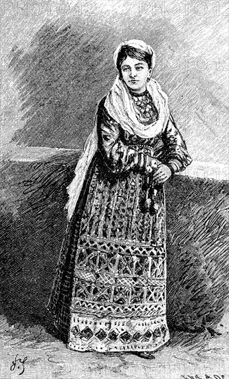 Woman from Rustschuk, Russe, also Rousse or Ruse, in Sunday dress, Bulgaria, 1880, Historical, digital reproduction of an original from the 19th century, Europe