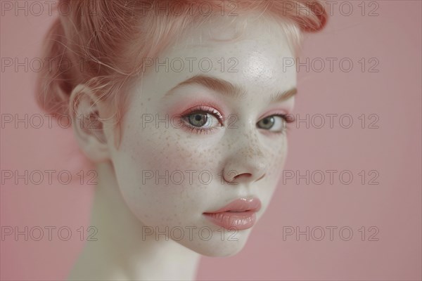 Portrait of beautiful young woman with doll-like features and pink makeup. KI generiert, generiert, AI generated