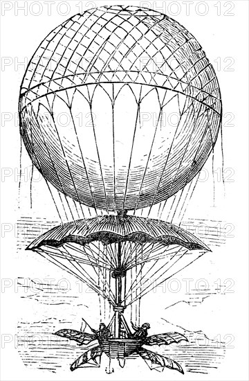 Balloon with dropping device, by Marie Madeleine Sophie Armant, 25 March 1778, 6 July 1819, the first professional balloonist, historical, digital reproduction of an original from the 19th century