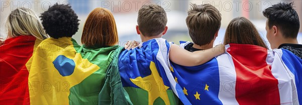 Patriotic people wrapped in international flags to show unity during times of political crisis, AI generated