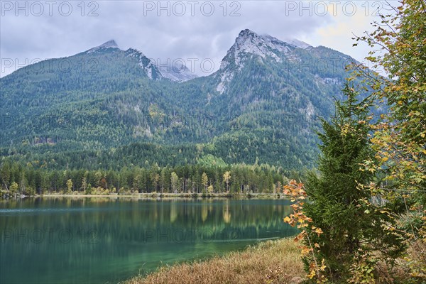 Hintersee in autumn colours, Ramsau, Berchtesgaden National Park, Berchtesgadener Land district, Upper Bavaria, Bavaria, Germany, Europe