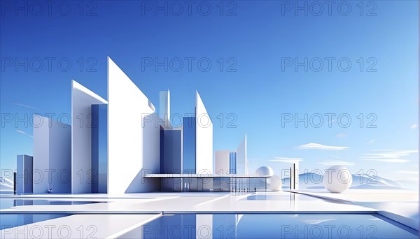 Minimalist architectural composition of modern buildings, with clean angles, rendered in geometric forms and soft hues of grey, cream, and light blue, AI generated