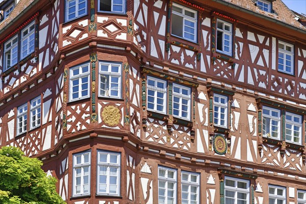 Mosbach, Germany, June 2021: Corner of facade of old historic timber framing building called 'Palmsche Haus' built in 1610, Europe