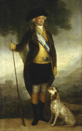 Charles IV, Carlos IV, 11 November 1748 to 20 January 1819, Spanish King from 14 December 1788 until his abdication on 19 March 1808, here as a hunter with hunting dog and hunting rifle, painting by Francisco de Goya, Historical, digitally restored reproduction from an original of the time