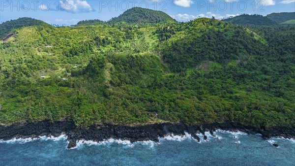 Aerial of the volcanic south coast, Taveuni, Fiji, South Pacific, Oceania