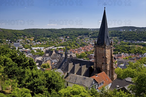 Elevated view of the Lutheran Parish Church of St. Mary, also known as the Stadtpfarrkirche, Marburg an der Lahn, Hesse, Germany, from the Schlossberg, Europe