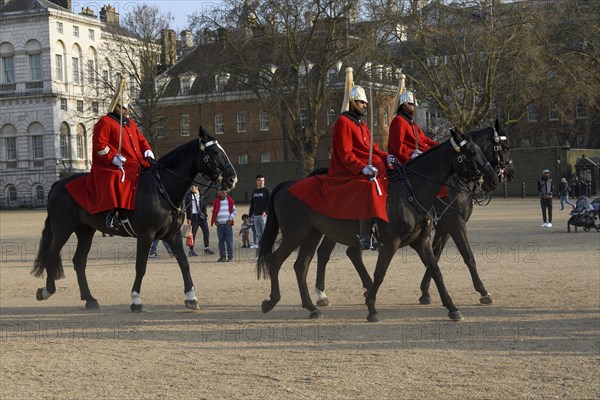 Parade of Horse Guards, soldiers of the Household Cavalry Mounted Regiment, White Hall, Westminster, London, England, Great Britain