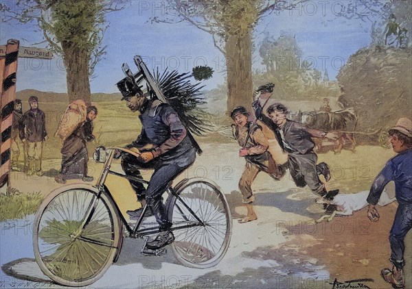 Chimney sweep on a bicycle, Historic, digitally restored reproduction of an original from the 19th century, exact original date not known