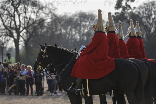 Parade of Horse Guards, soldiers of the Household Cavalry Mounted Regiment, White Hall, Westminster, London, England, Great Britain