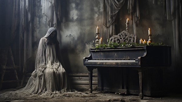 Mysterious and spooky female figure covered in sheer garment standing next to an old dusty piano in an abandoned house, generative AI