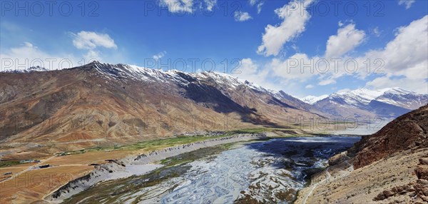 Panorama of Spiti Valley in Himalayas mountains, Himachal Pradesh, India, Asia