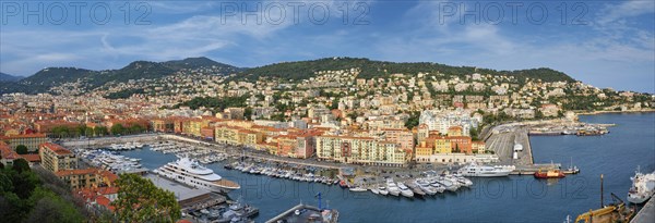 Panorama of Old Port of Nice with luxury yacht boats from Castle Hill, France, Villefranche-sur-Mer, Nice, Cote d'Azur, French Riviera, Europe