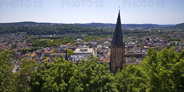 Elevated view of the parish church of St. Mary and the town from the Schlossberg, Marburg an der Lahn, Hesse, Germany, Europe