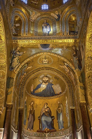 Medieval Byzantine style mosaics of Christ Pantocrator above the altar of the Palatine Chapel, Cappella Palatina, Palermo, Italy, Europe