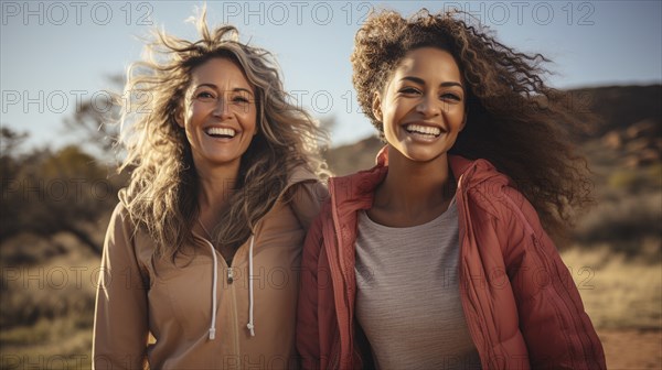 Happy Mixed-race female friends enjoying a healthy run in the park together. generative AI