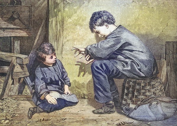 Boy entertains his little sister with shadow play with his fingers, 1869, Germany, Historic, digitally restored reproduction of an original 19th century print, exact original date unknown, Europe