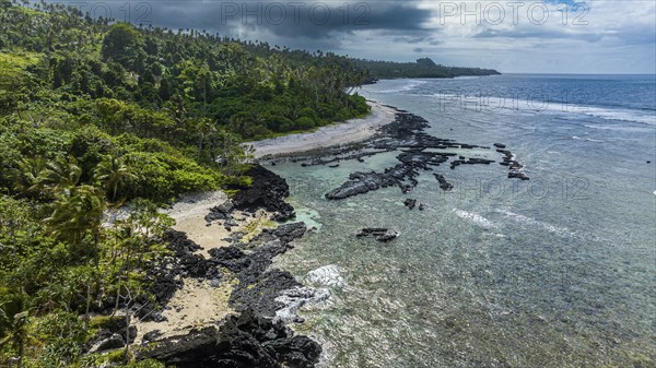 Aerial of the volcanic south coast, Taveuni, Fiji, South Pacific, Oceania