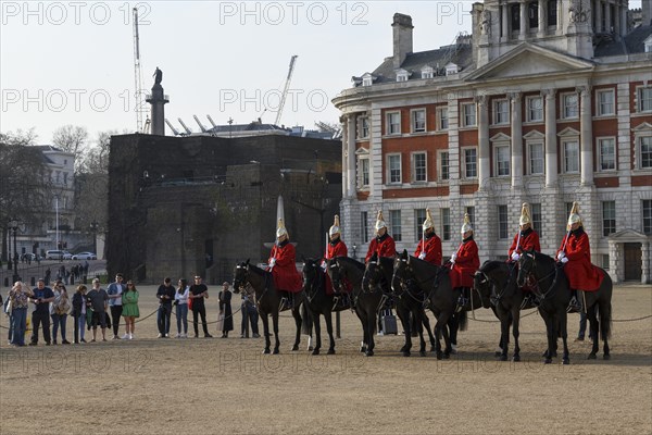 Parade of Horse Guards, soldiers of the Household Cavalry Mounted Regiment, White Hall, Westminster, London, England, Great Britain