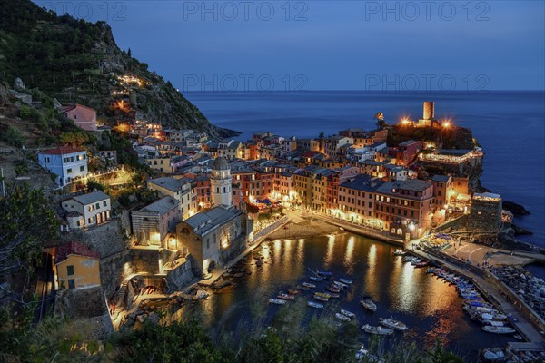 Vernazza fishing village, blue hour, Cinque Terre, La Spezia province, Liguria, Italy, Europe