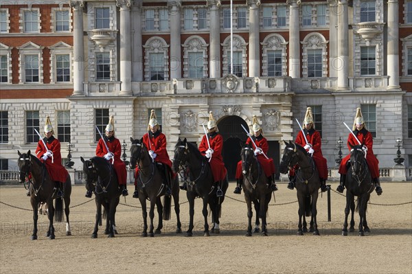 Parade of Horse Guards, soldiers of the Household Cavalry Mounted Regiment, White Hall, Westminster, London, England, Great Britain