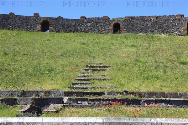 Remains of the audience tiers, steps, The Theatre, Pompeii, ancient city in Campania on the Gulf of Naples, buried during the eruption of Mount Vesuvius in 79 AD, Italy, Europe