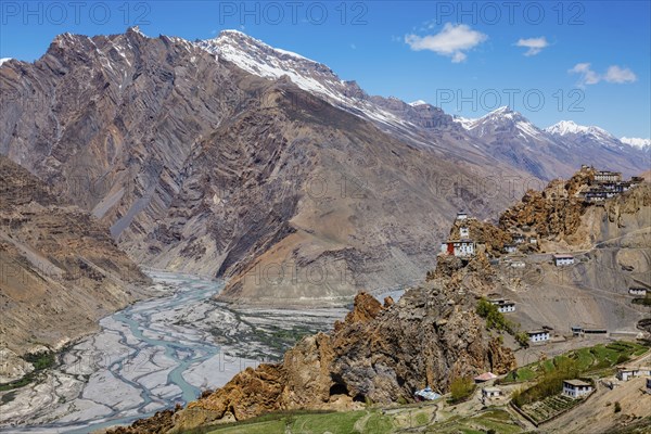 Dhankar monastry perched on a cliff in Himalayas. Dhankar, Spiti Valley, Himachal Pradesh, India, Asia