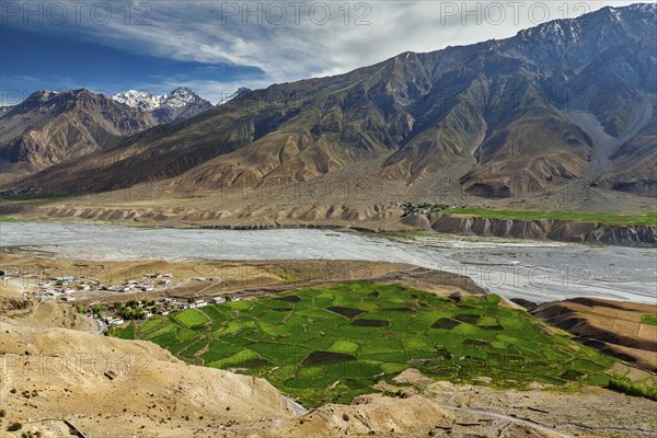 View of Spiti valley, village and Spiti river in Himalayas. Spiti valley, Himachal Pradesh, India, Asia