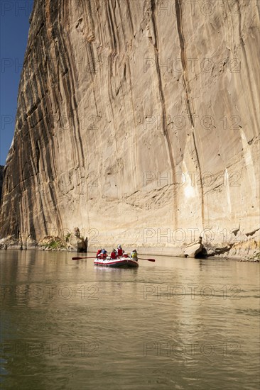 Dinosaur, Colorado, River rafters pass Steamboat Rock on the Green River in Dinosaur National Monument near the confluence with the Yampa River