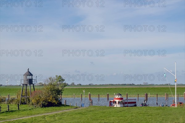 Dangast pier light (old Wilhelmshaven light), the pier light used to stand on the pier of the former 3rd entrance to Wilhelmshaven, north of the Nassau harbour, later it was sold and set up for display purposes in Dangast, Dangast, district of Friesland, Lower Saxony, Germany, Europe