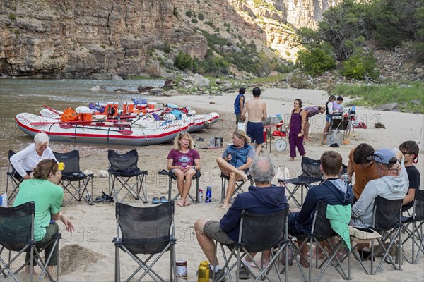 Dinosaur, Colorado, River rafters relax at their campsite on the Green River in Dinosaur National Monument