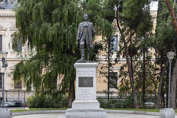 Madrid, Spain, October 16, 2021: Blas de Lezo statue in Plaza de Colon. Admiral Blas de Lezo y Olavarrieta was a Spanish navy officer best remembered for the Battle of Cartagena de Indias, where Spanish imperial forces defeated a large British invasion fleet under Admiral Edward Vernon, Europe