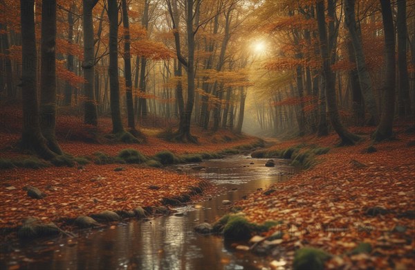 A tranquil autumn forest with a stream and golden sunlight shining through the trees and mist, AI generated, AI generated