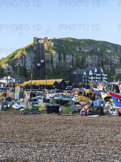 Hastings, East Sussex, England, UK, May 11, 2022: The pebble beach and East Hill Cliff Railway