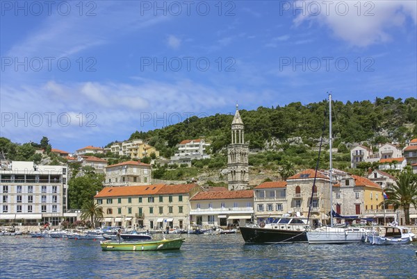 View of Hvar town from sea, Croatia, Europe