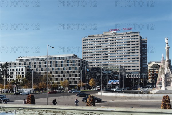 Madrid, Spain, December 12, 2021: Panoramic view of Plaza of Colon or Columbus Square. Monument of Christopher Columbus, Europe