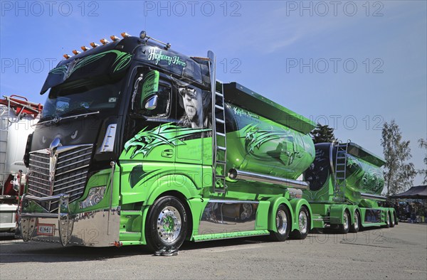 PORVOO, FINLAND, JULY 2, 2016: Super truck Mercedes-Benz Actros 2551 Highway Hero owned by Kuljetus Auvinen Oy and matching trucking shoes on Riverside Truck Meeting 2016