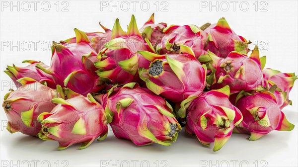 A pile of vibrant pink dragon fruits with green spikes on a white background, AI generated