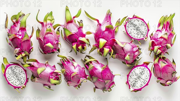 Several whole and sliced dragon fruits exposing white flesh with seeds on a white surface, AI generated