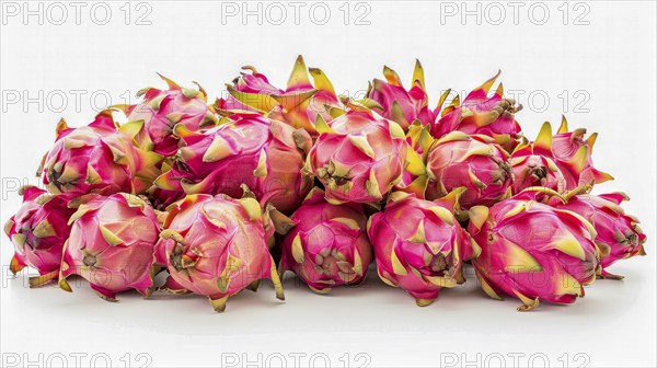 A vivid arrangement of dragon fruits with pink skin and green tips on a white background, AI generated