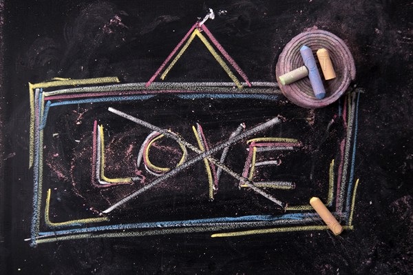 Sign with the word, love, with chalk on blackboard