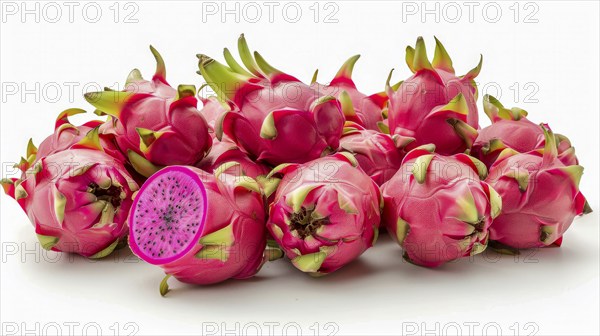 Vivid pink dragon fruits with a cross-section slice showing bright pink flesh and seeds, AI generated