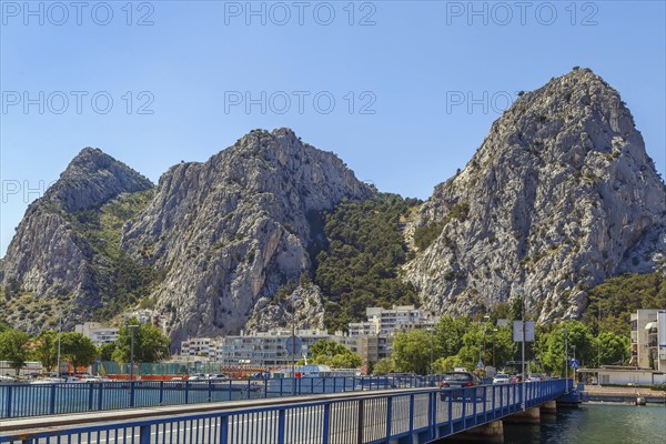 View of Cetina river in Omis with mountains in the background, Croatia, Europe