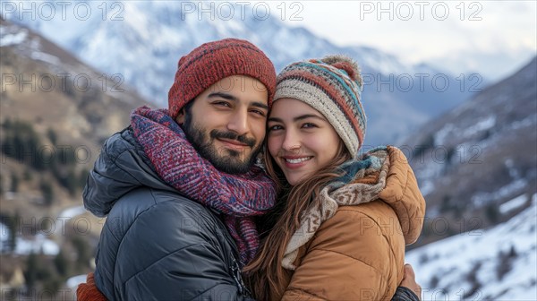 Couple embraced in a scenic mountain background, wearing warm attire, showcasing strong bond, AI generated